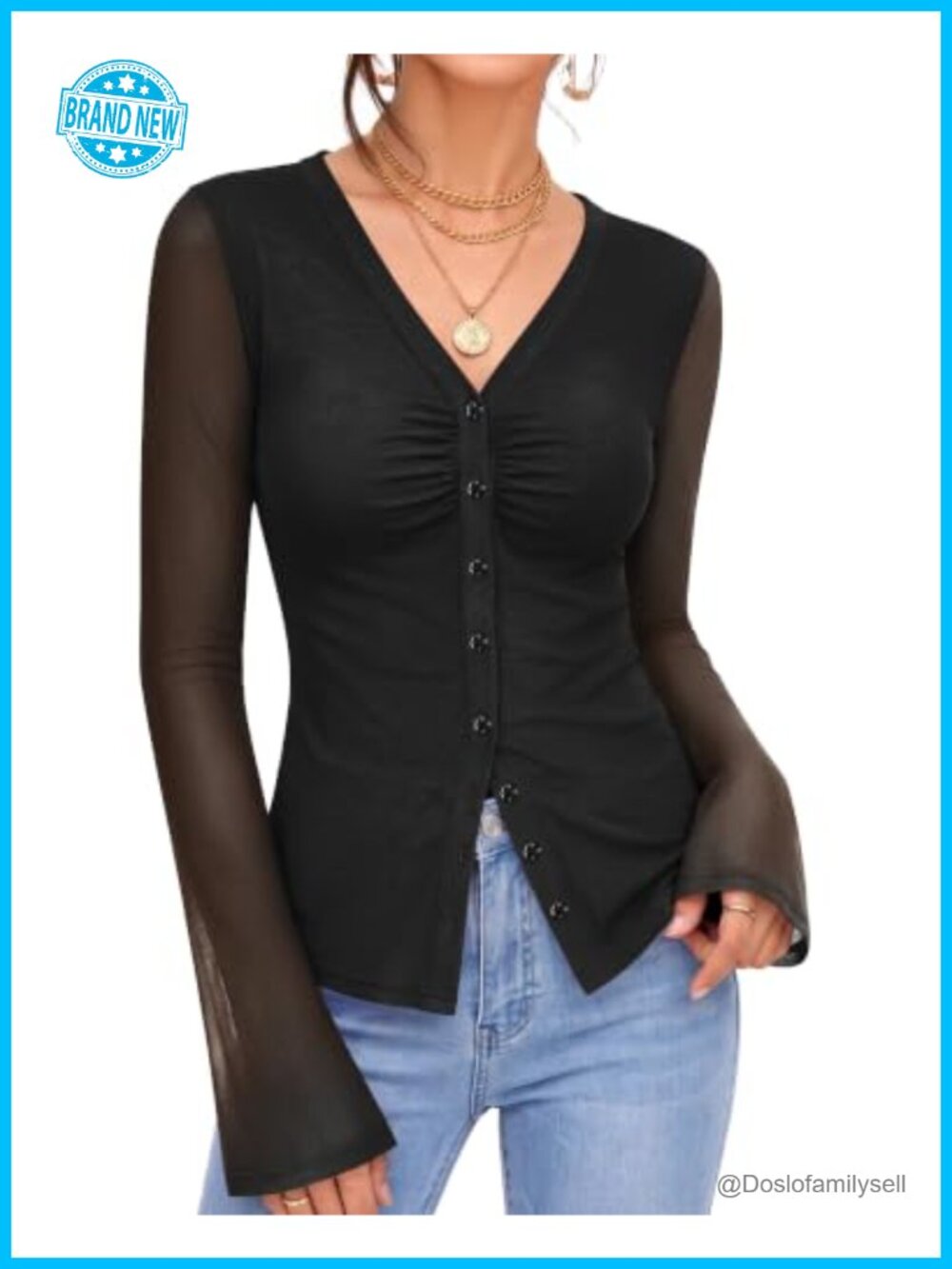 Women's Button Down Blouse Trumpet Sleeve Ruched Mesh Top V-Neck
